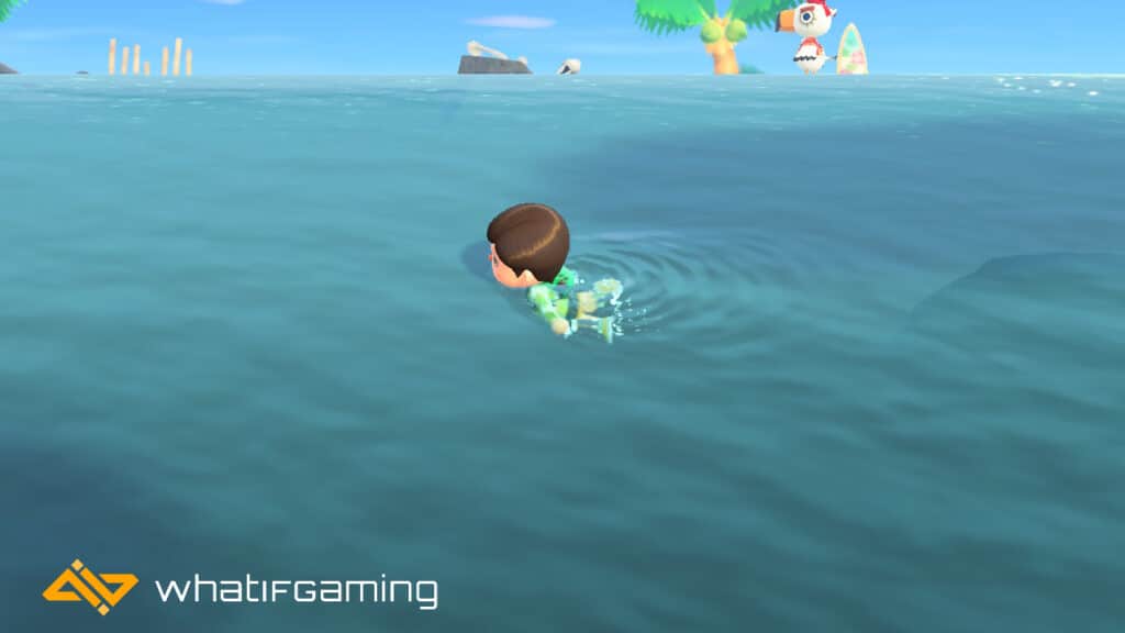 A player swimming in the sea in Animal Crossing. 