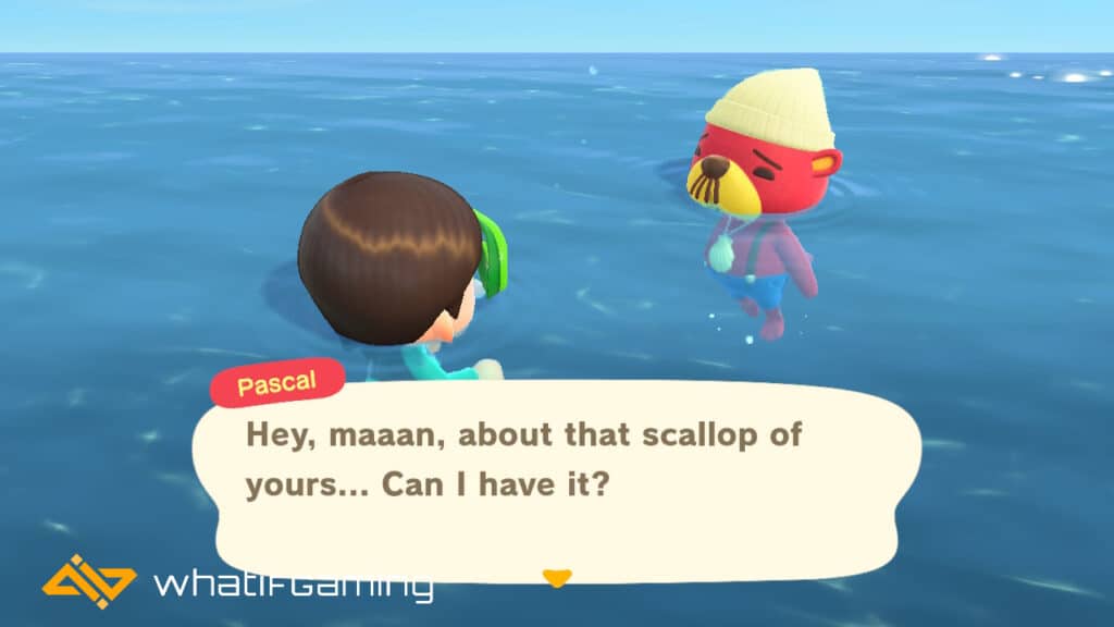 A player talking to Pascal in the sea in Animal Crossing. 