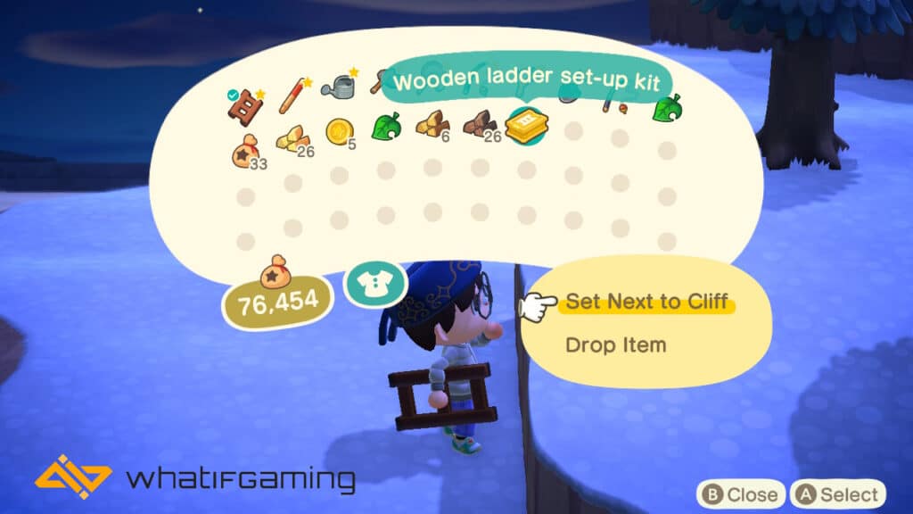 A player setting up a Wooden Ladder Set-Up Kit next to a cliff in Animal Crossing. 