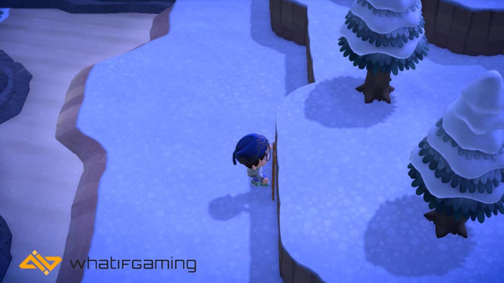 A player setting up a Wooden Ladder Set-Up Kit next to a cliff in Animal Crossing. 