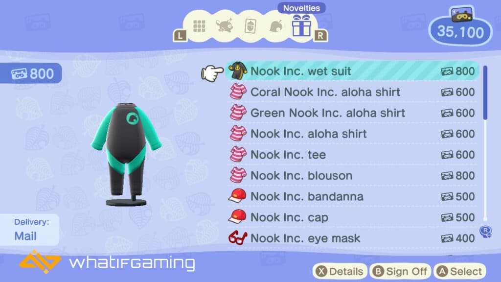 The Nook Inc. wet suit for sale in the Nook Miles rewards program.