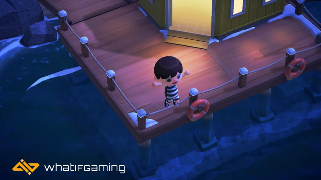 A player jumping from the pier into the sea in Animal Crossing. 