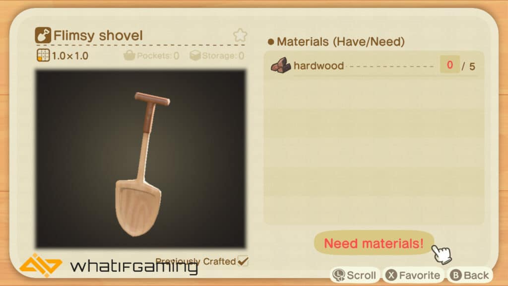 The DIY recipe for a Flimsy Shovel, according to Animal Crossing.