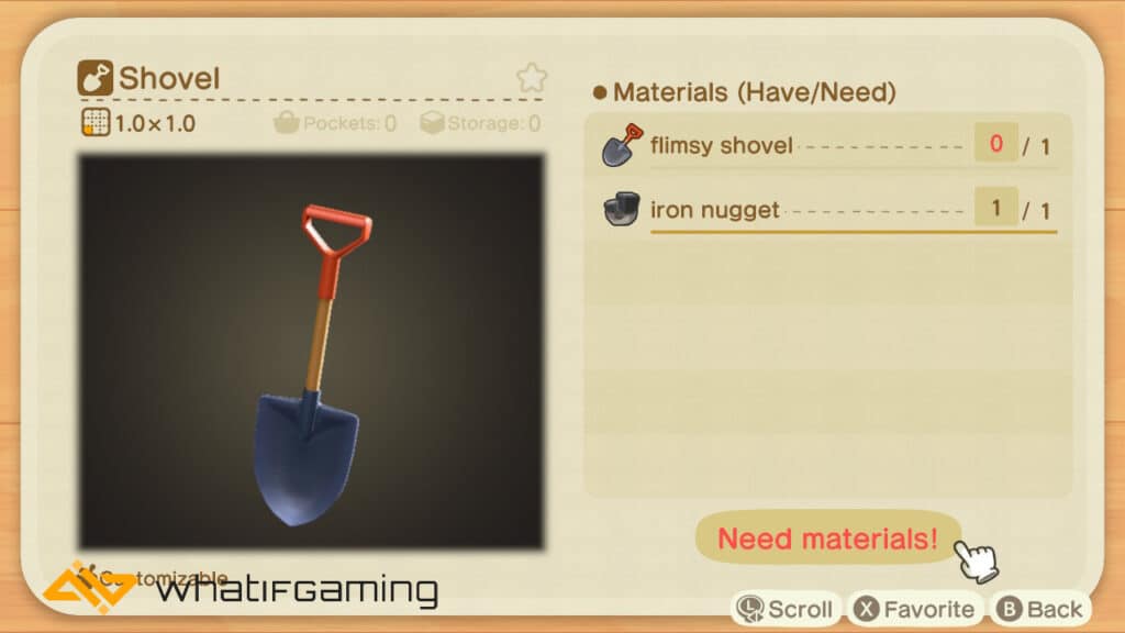 The DIY recipe for a Shovel in Animal Crossing.