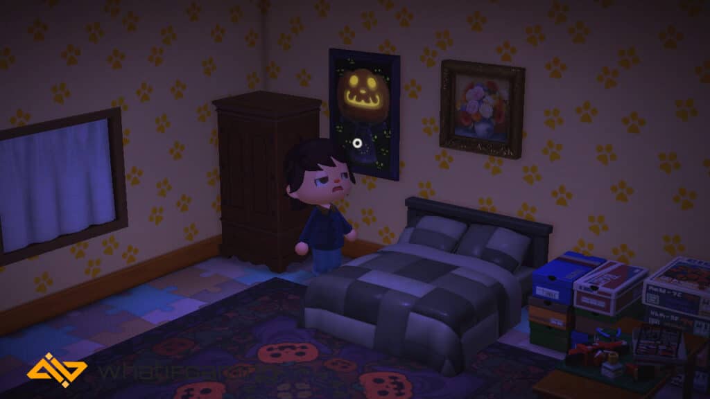 A character walking towards their bed in Animal Crossing. 