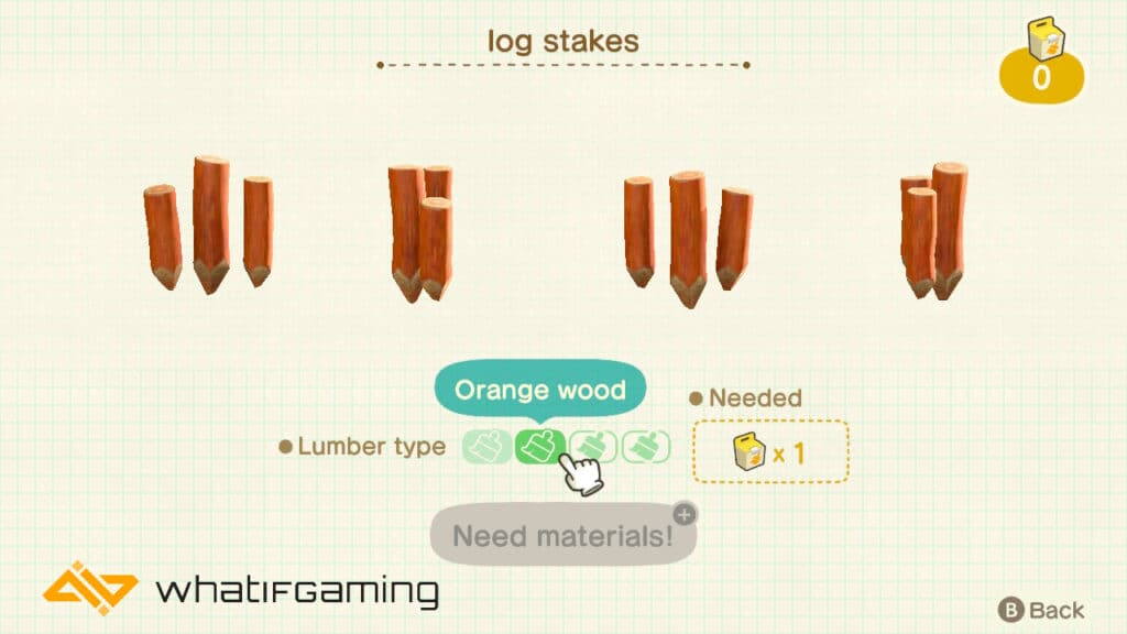 Log stake variations in Animal Crossing.