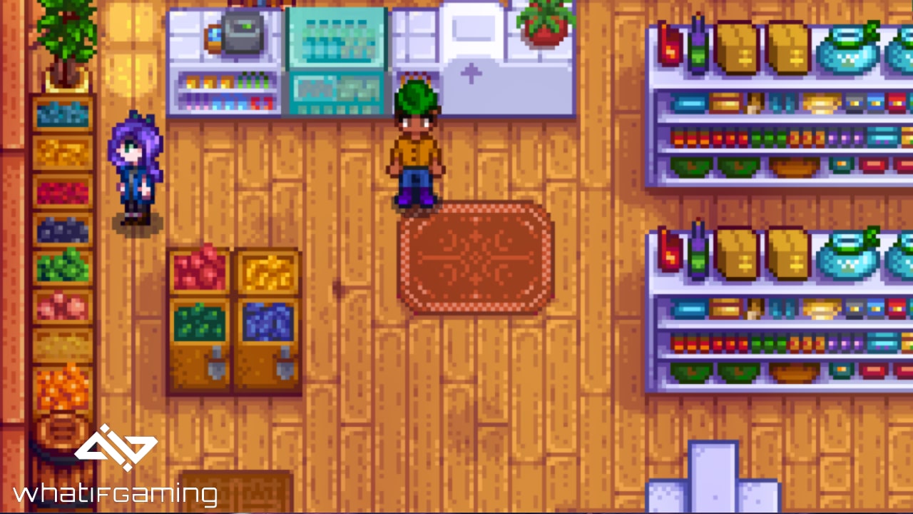 Abigail standing near the counter of Pierre's General Store