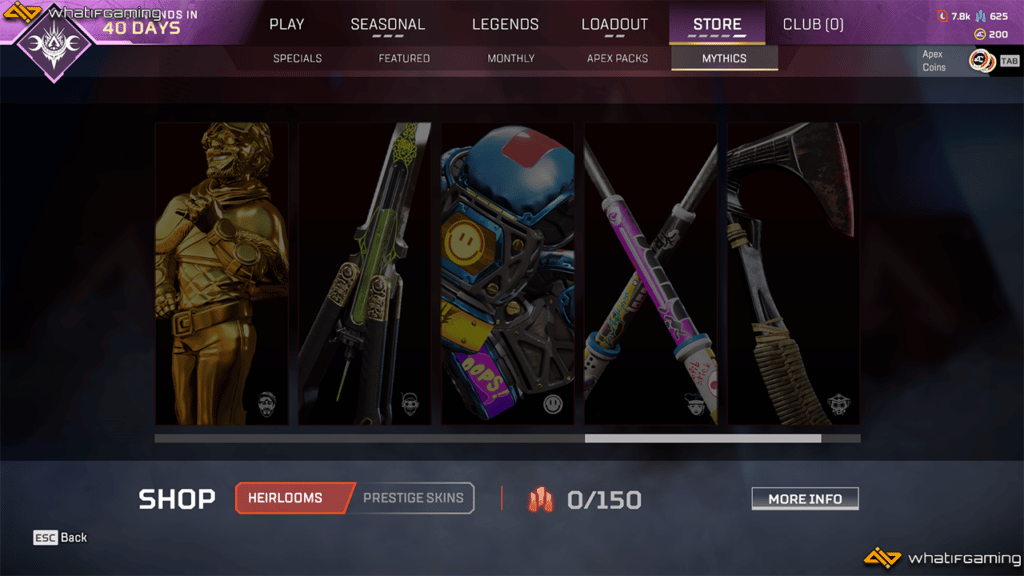 A photo of the Mythic Store in Apex Legends containing all the available Heirloom Sets.