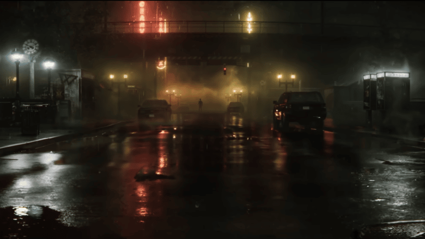 Image Shows a rainy street at night