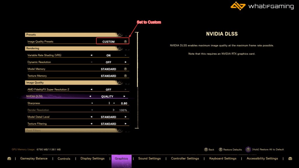 DLSS Setting in Forspoken Unlocked after setting Image Quality Presets to Custm