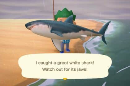 A great white shark in Animal Crossing: New Horizons