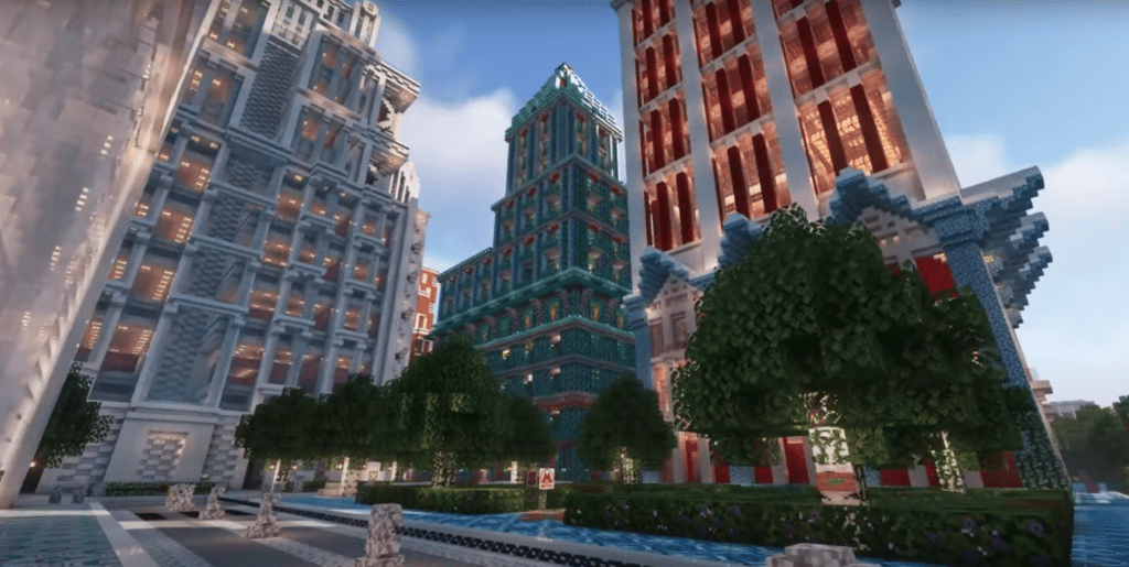Des gratte-ciel imposants dans une ville de Minecraft