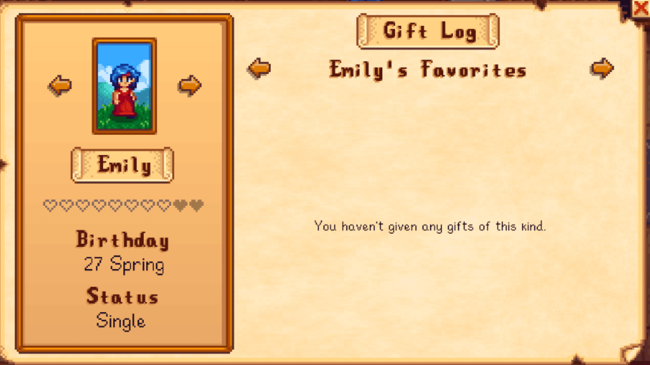 Emily's Gift Log in Stardew Valley