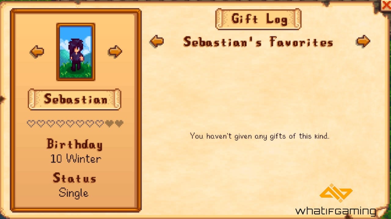 Sebastian's Gift Log file in Stardew Valley