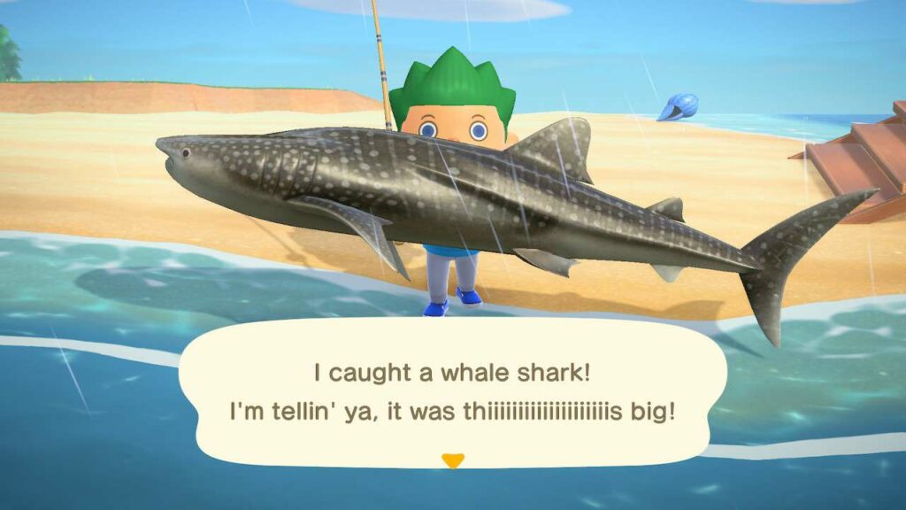 A Whale Shark Caught in Animal Crossing: New Horizons.