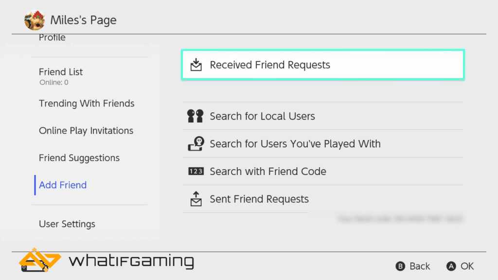 The user profile page on a Nintendo Switch.