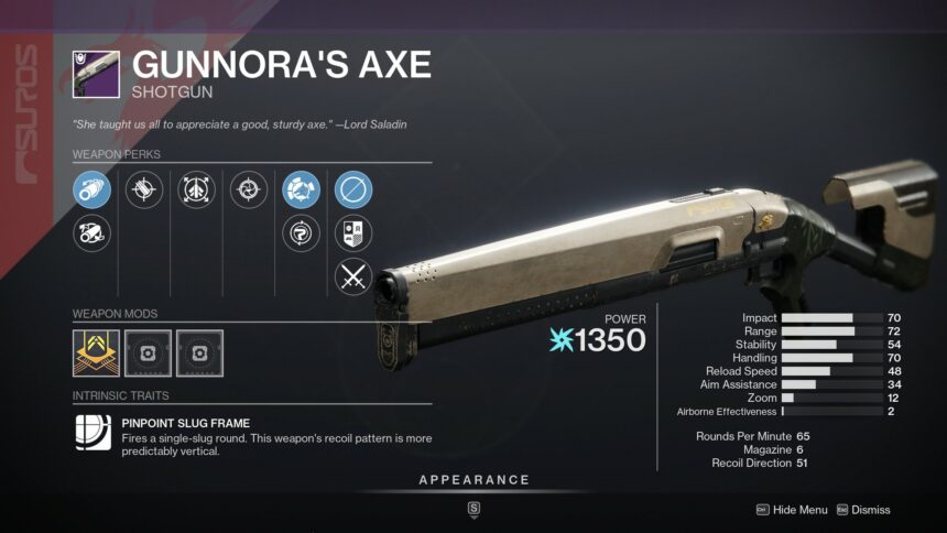 Destiny 2 Gunnora's Axe god roll in inventory.
