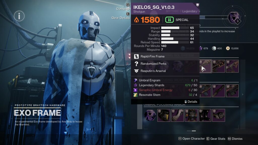 Destiny 2 Ikelos Shotgun in the Exo Frame at the H.E.L.M.