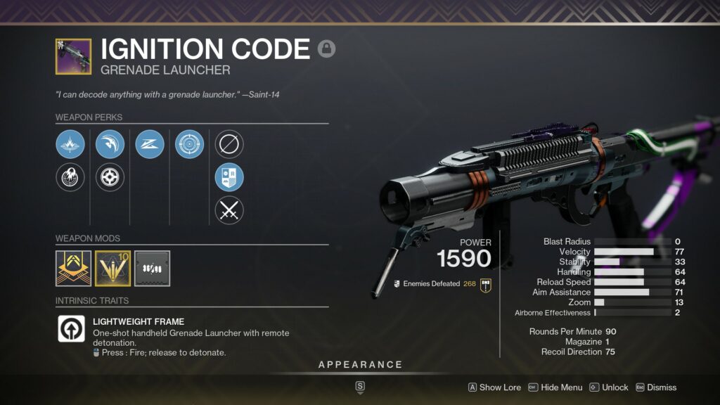 Destiny 2 Ignition Code in inventory. 