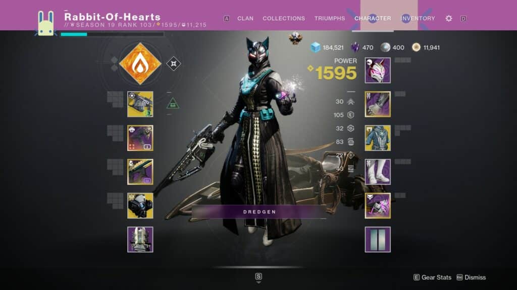 Destiny 2 Warlock inventory screen.