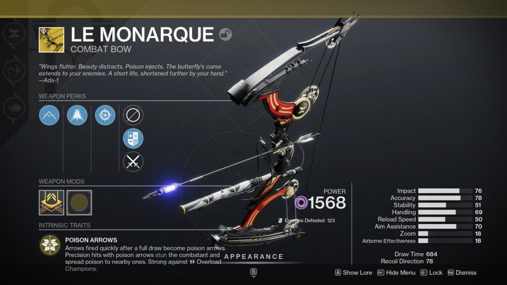 Destiny 2 Le Monarque in inventory. 