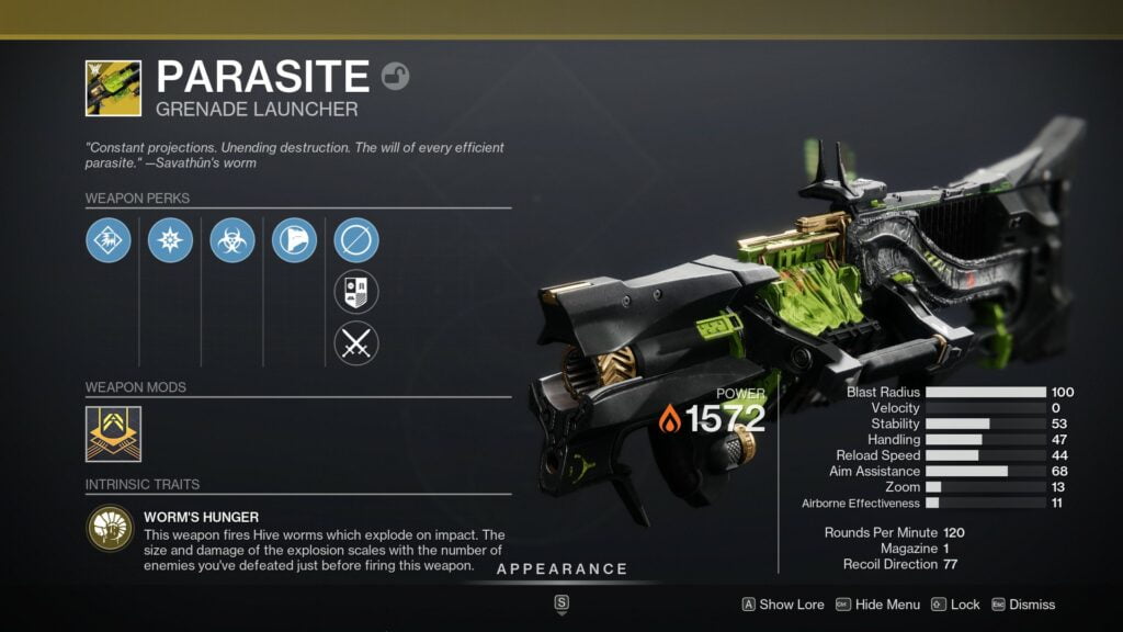 Destiny 2 Parasite in inventory. 