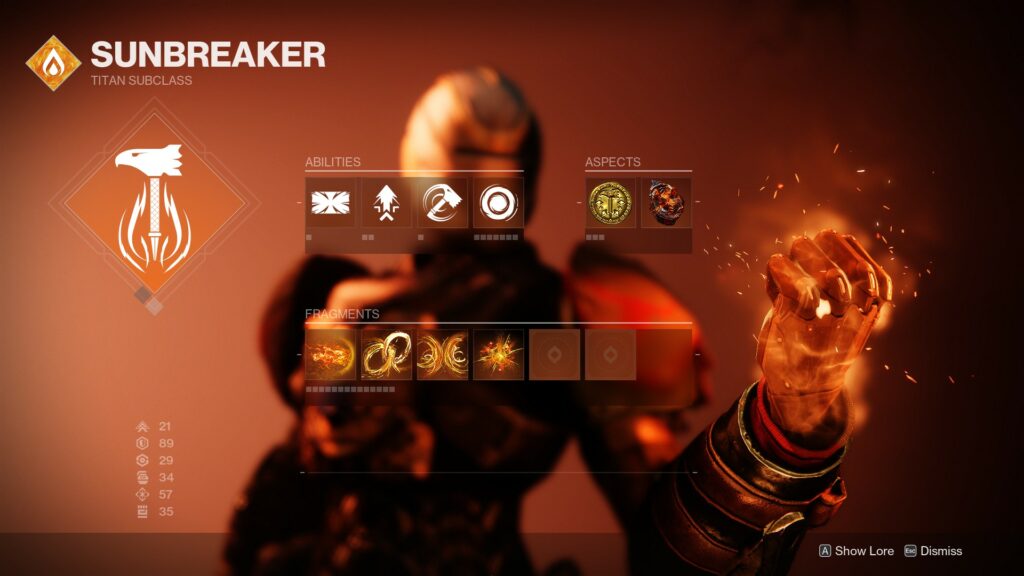 Destiny 2 Titan Solar subclass screen.