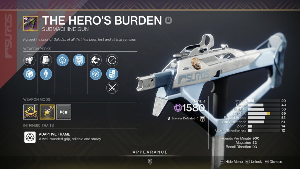 Destiny 2 The Hero's Burden god roll in inventory.