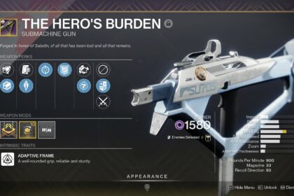 Destiny 2 The Hero's Burden god roll in inventory.