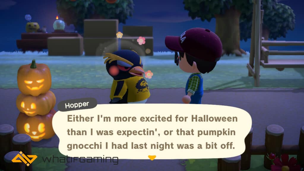 Hopper excited about Halloween in Animal Crossing: New Horizons. 