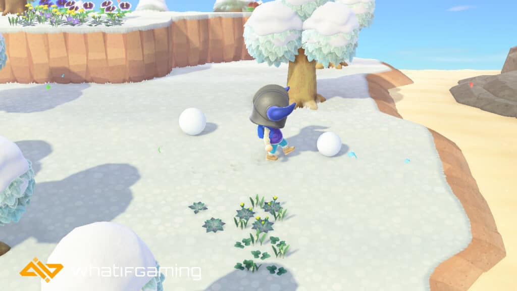 A player kicking a snowball in Animal Crossing.