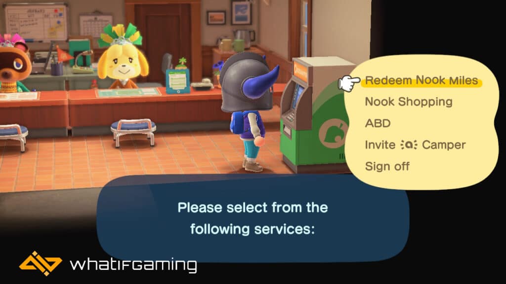 The Nook terminal in Residents Services, where you can redeem Nook Miles for hairstyle packs.