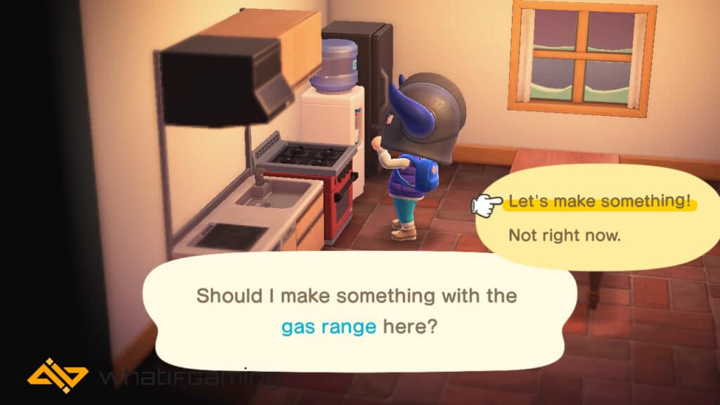 A player demonstrating how to cook using a gas range. 