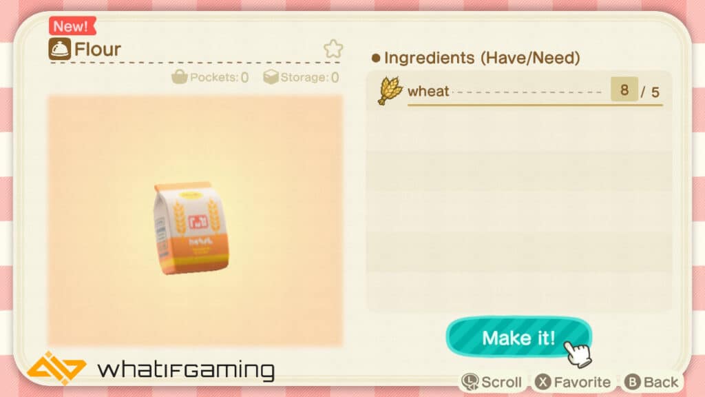 The flour recipe in Animal Crossing: New Horizions.