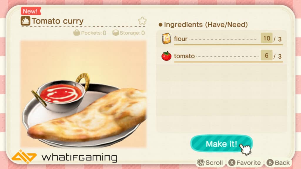 The recipe to make a tomato curry in Animal Crossing: New Horizons. 