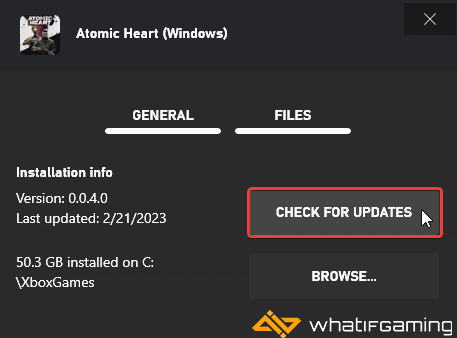 Installed > Atomic Heart > Three Dots > Manage > Files > Check for Updates