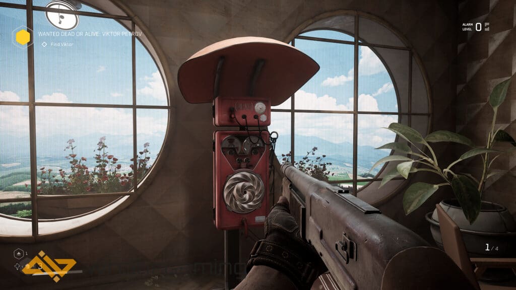 Image shows a shotgun pointed at a red phone booth like device - Save in atomic heart