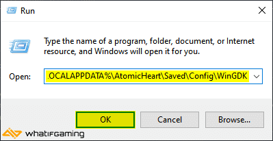 Atomic Heart configuration location in Windows Run. This will let you disable the Atomic Heart mouse smoothing setting.