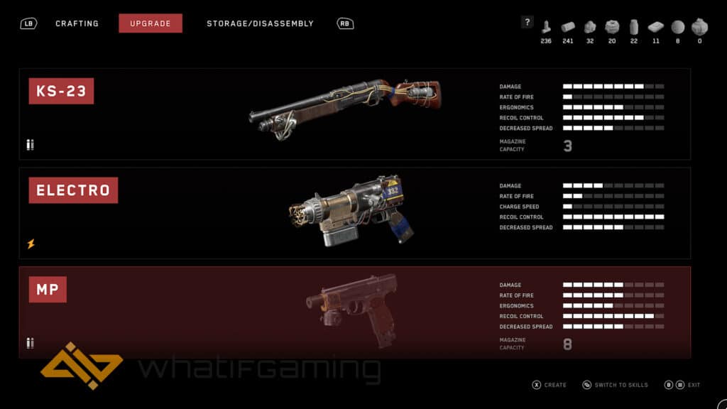 Image shows multiple available weapons