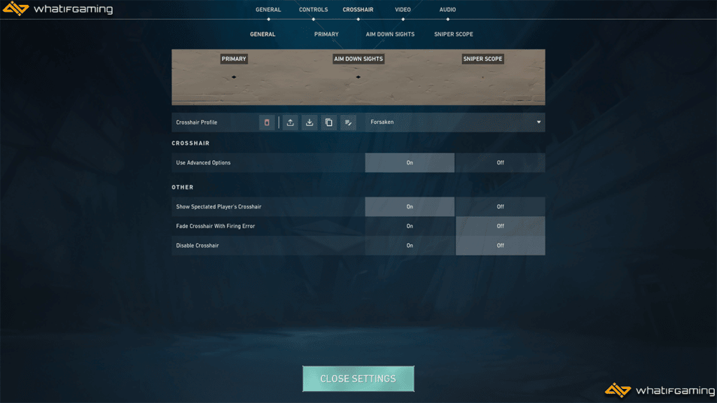 Showing off Forsaken's crosshair settings in Valorant.