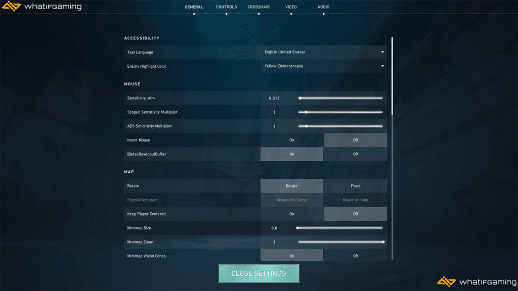 An image showing off the different settings in the General tab in Valorant.