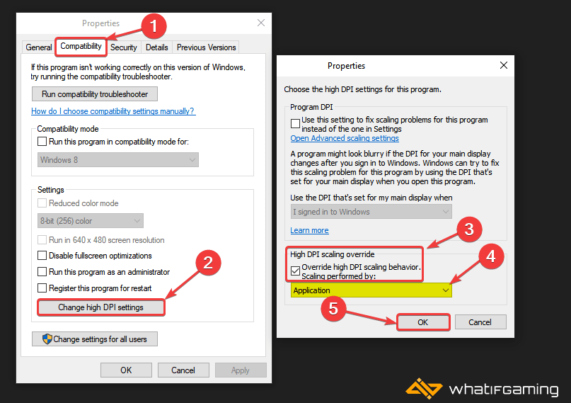 Executable > Properties > Compatability > Change High DPI Settings > Override > Application