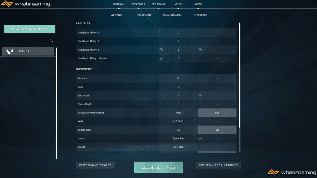 Showing off the different keybind settings in Valorant.