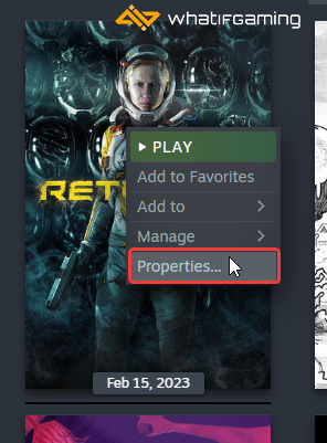 Steam Library > Returnal > Properties