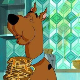 Scooby eating pancakes with Shaggy