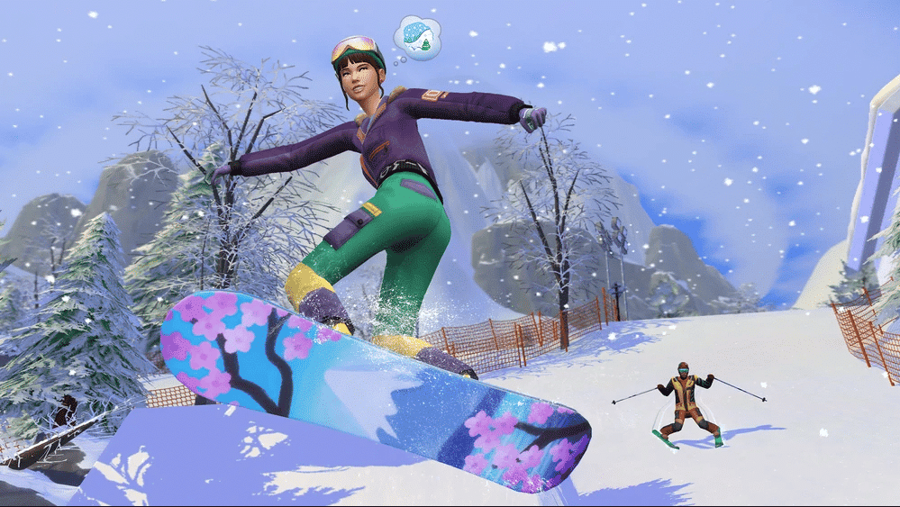 Best Sims 4 expansions - Snowy Escape Sims snowboarding.