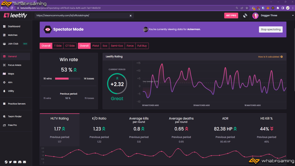 Viewing s1mple's Leetify profile.