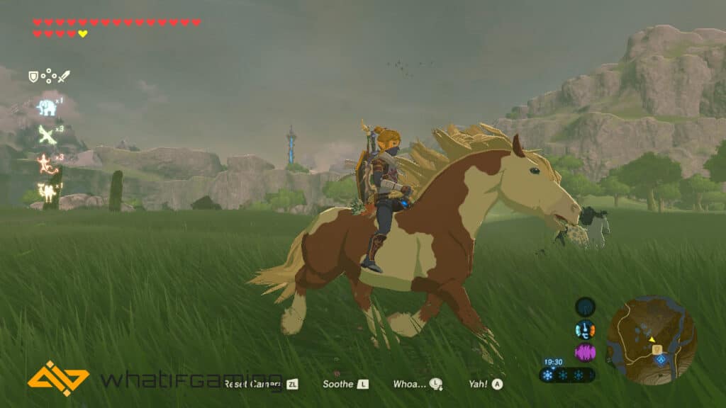 Link riding a horse he has just caught. 