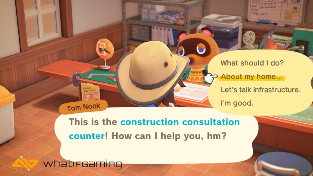 Talking to Tom Nook and asking for his help about your home. 