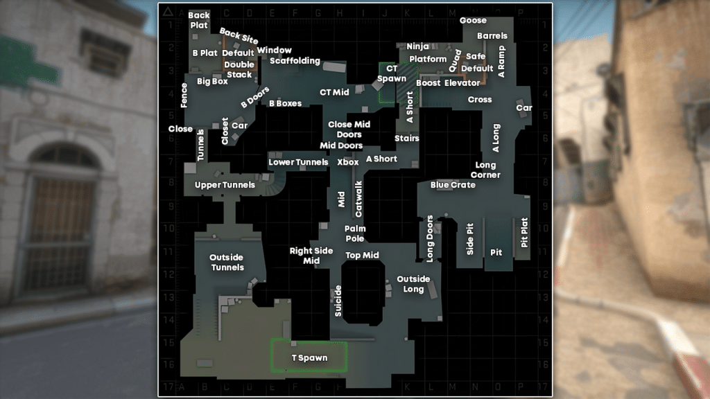 A map containing all of the CS:GO Dust 2 callouts.